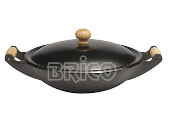 Cast Iron Wok With Wooden Handles And Non-Stick Steel Cover W37W