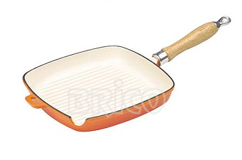 Cast Iron Square Grill Pan with Wooden Handle